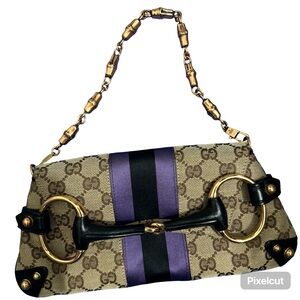 Gucci Beige and Purple Clutch with Gold Accents